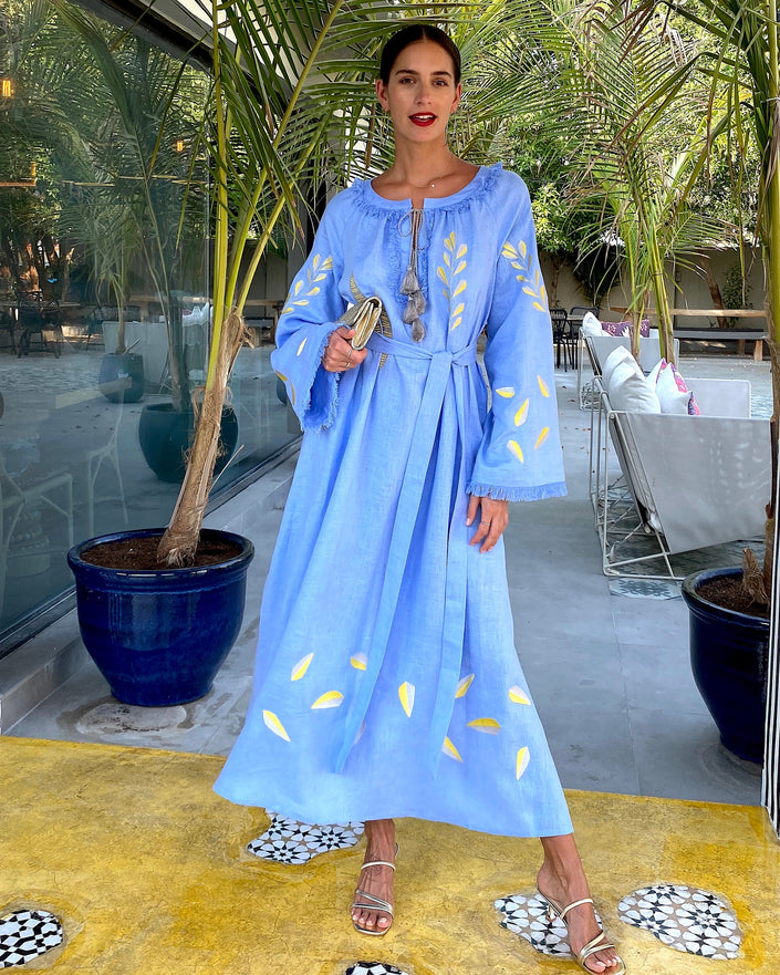 Powder Blue Embroidered Linen Maxi Dress | ZALXNDRA