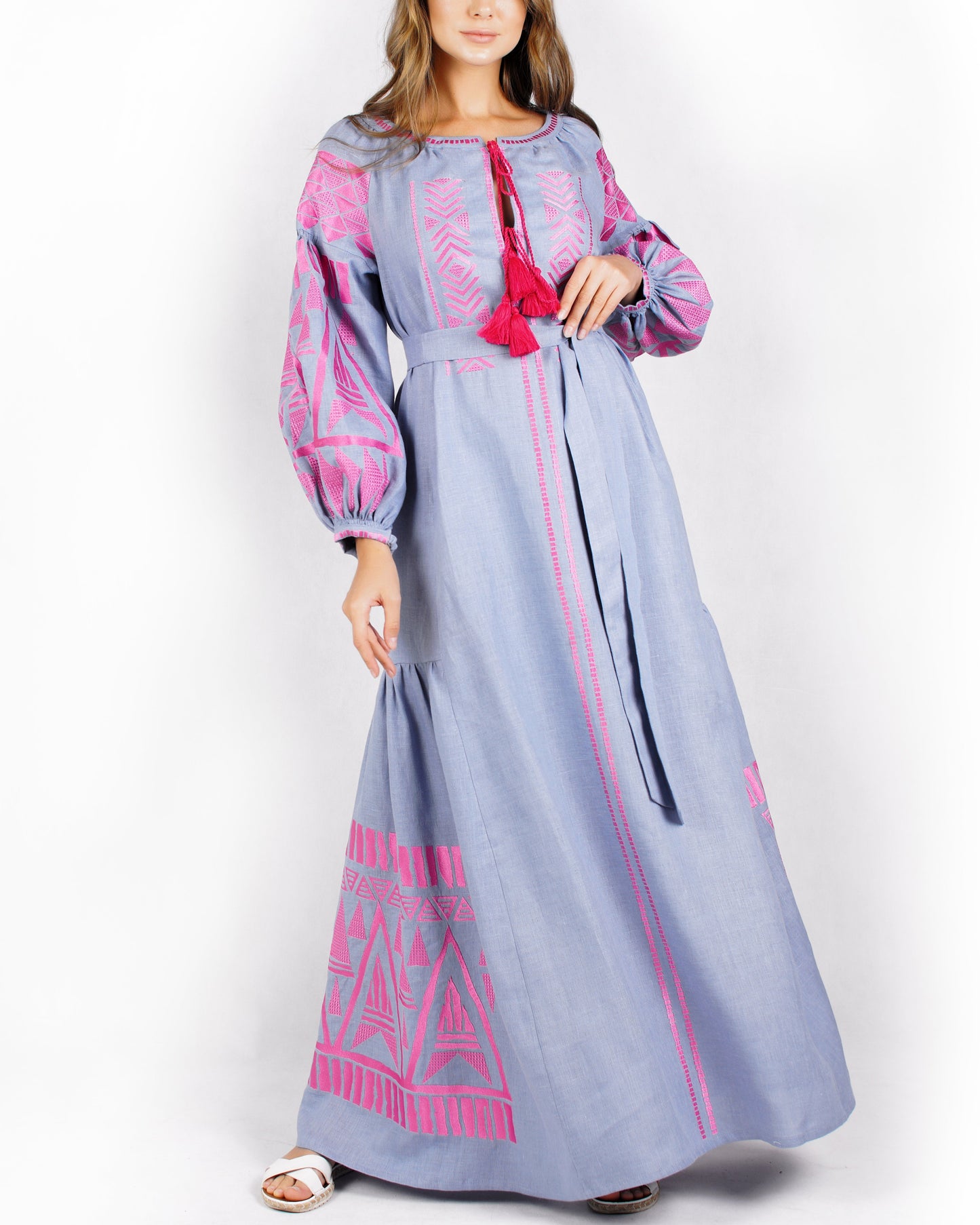 Dark Powder Blue Embroidered Linen Long Dress – Balloon Sleeves