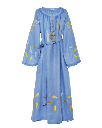 Dark Powder Blue Embroidered Linen Maxi Dress | ZALXNDRA