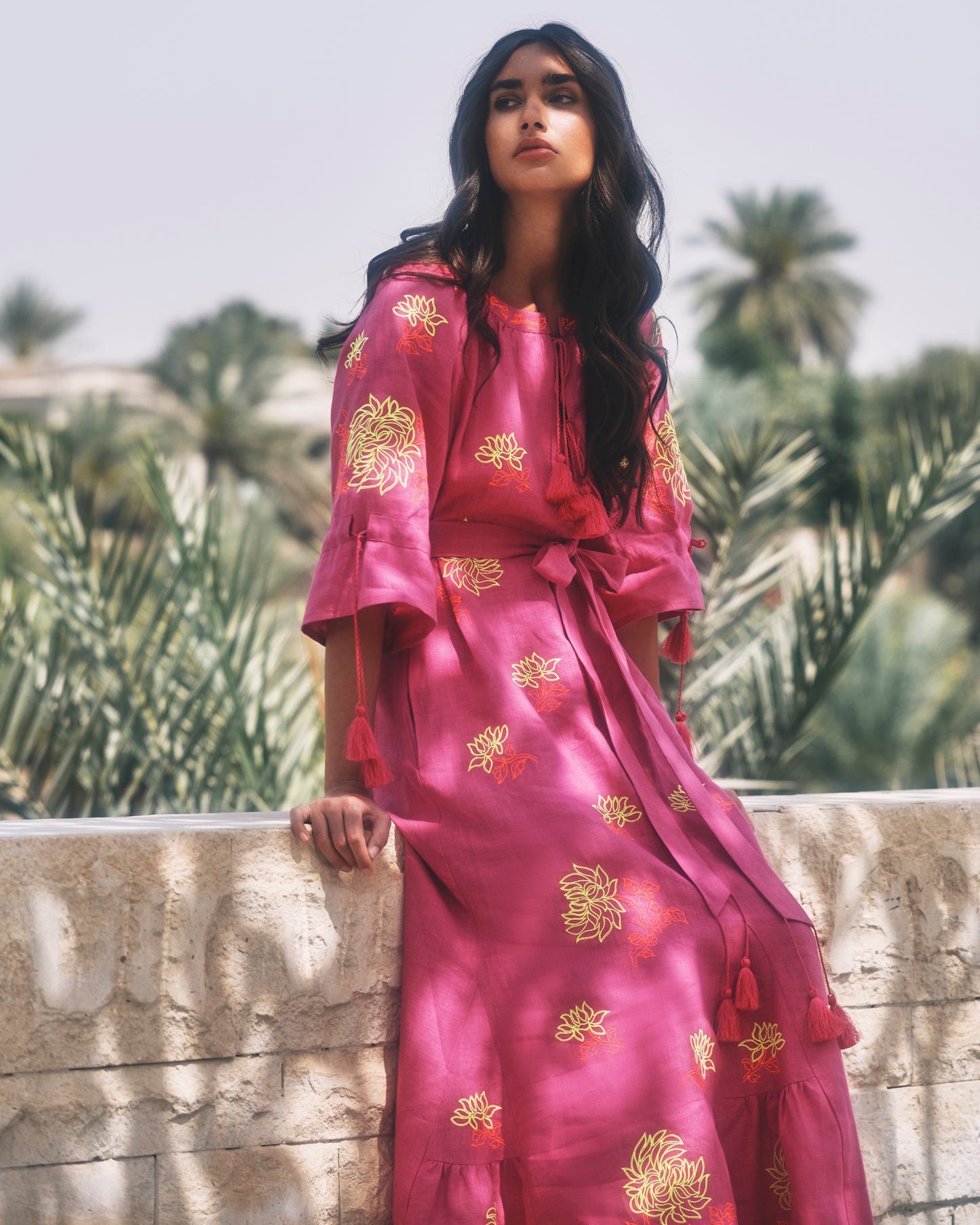 Fuchsia Embroidered Linen Maxi Dress | ZALXNDRA