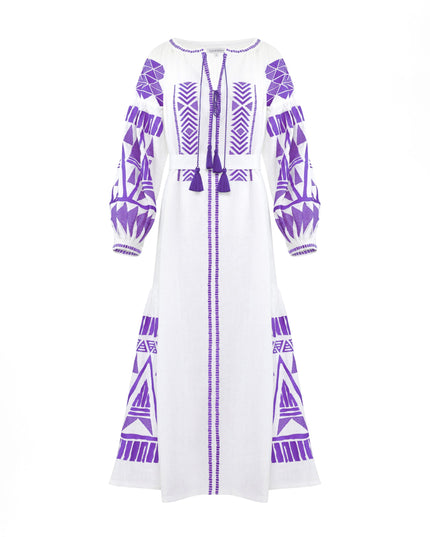 White Embroidered Linen Long Dress – Balloon Sleeves | ZALXNDRA