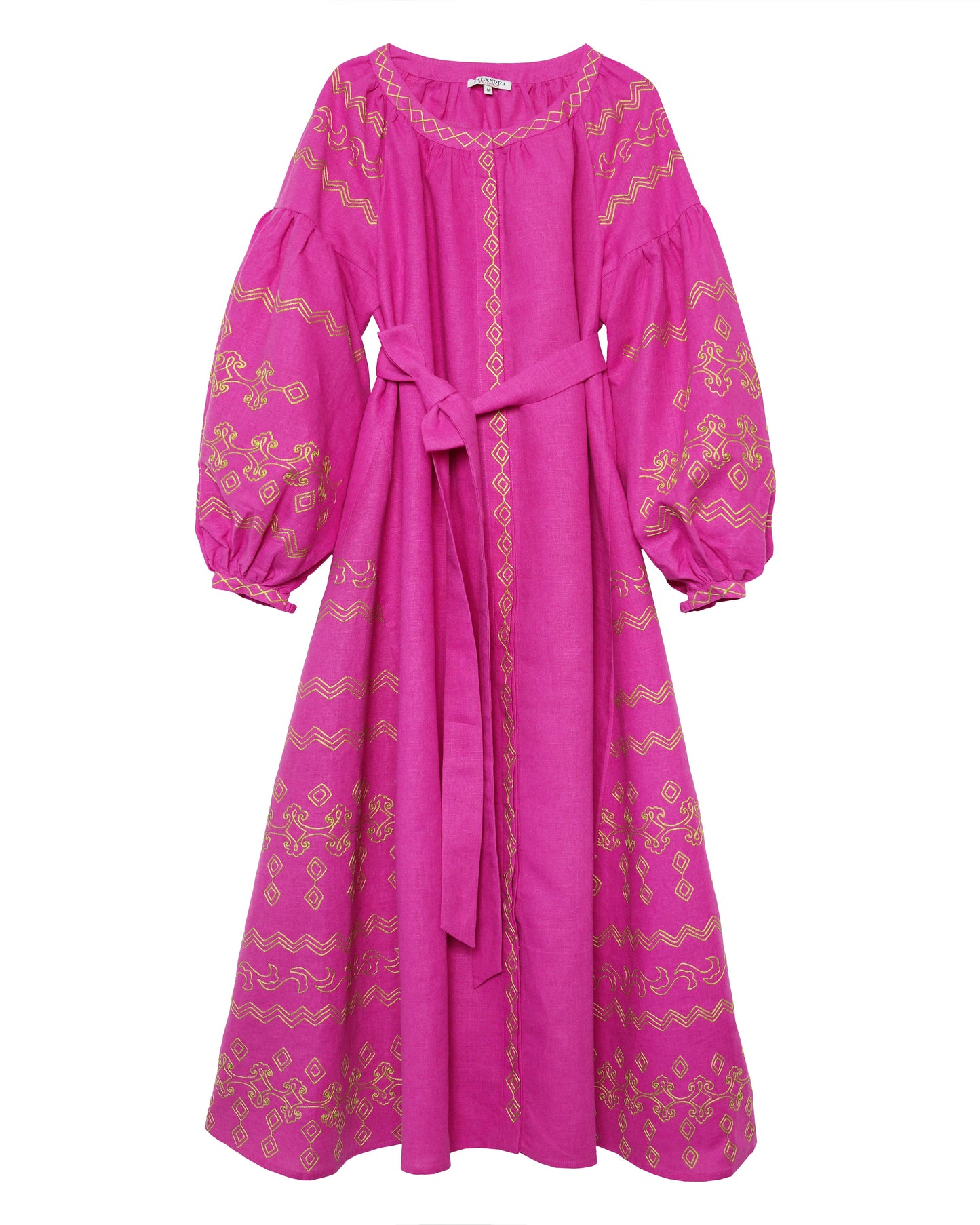 Fuchsia Embroidered Linen Long Dress – Balloon Sleeves | ZALXNDRA