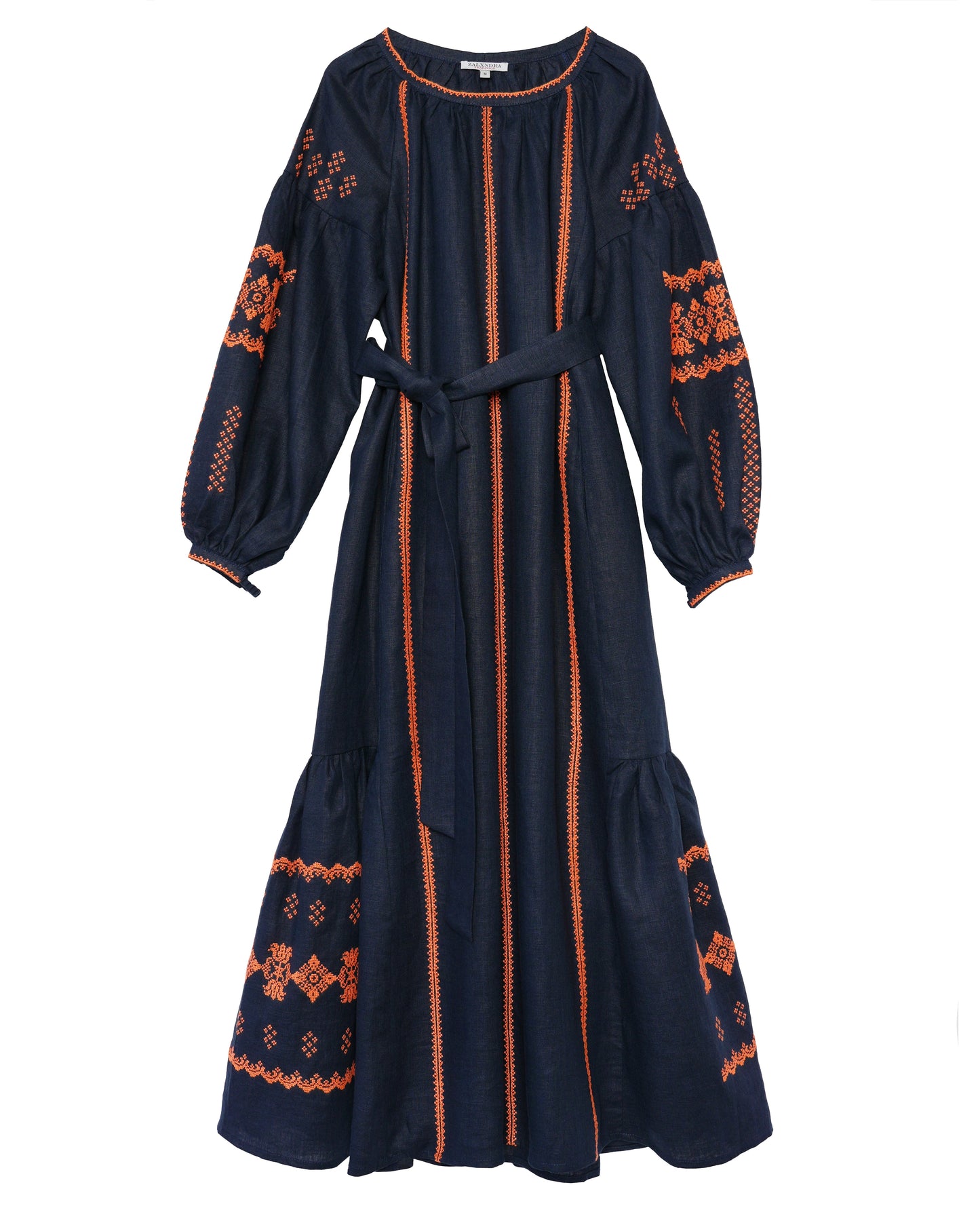 Rhapsody Blue Embroidered Linen Long Dress – Balloon Sleeves