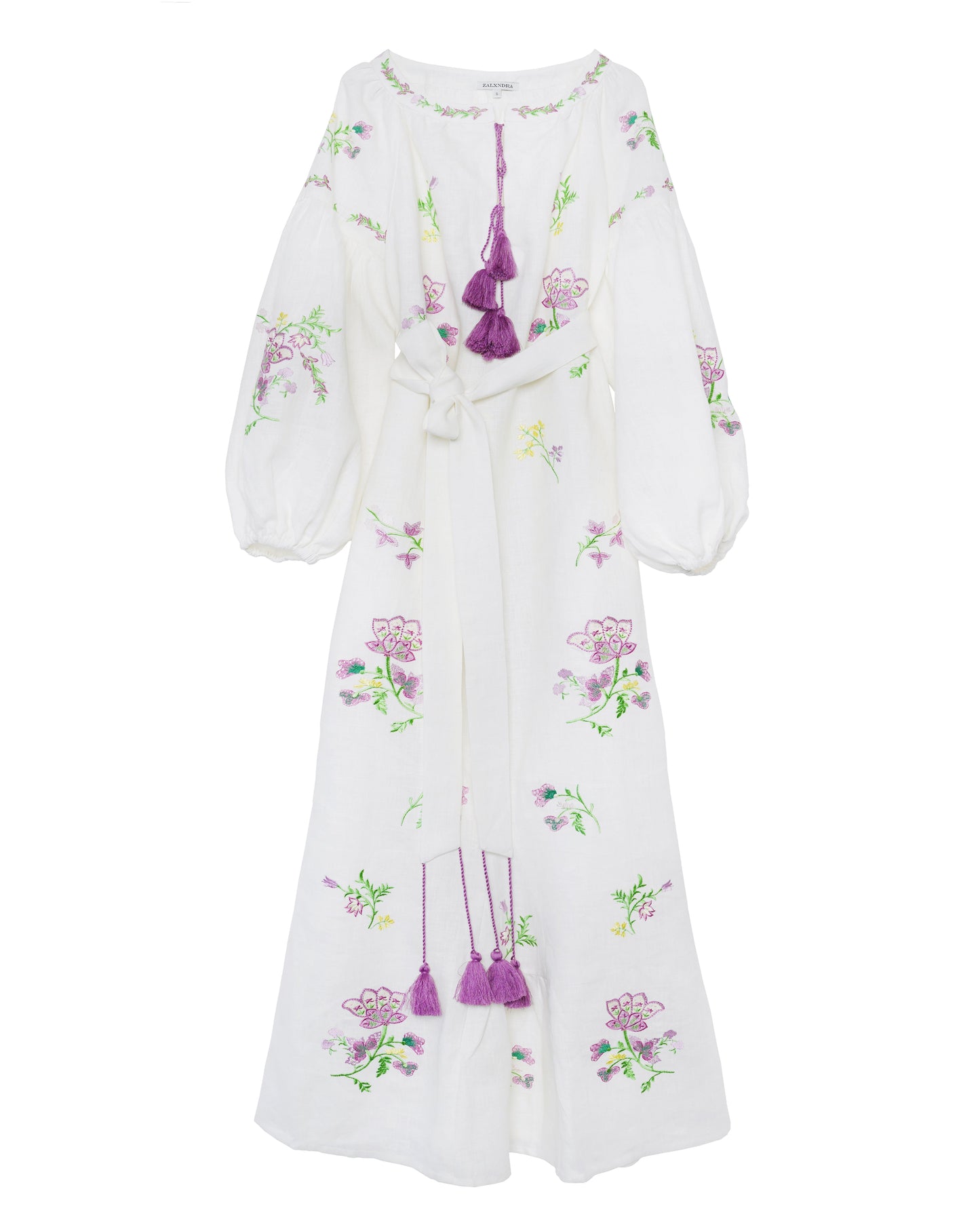 White Embroidered Linen Long Dress – Balloon Sleeves | ZALXNDRA