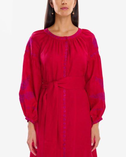 Scarlet Red Embroidered Linen Maxi Dress – Balloon Sleeves