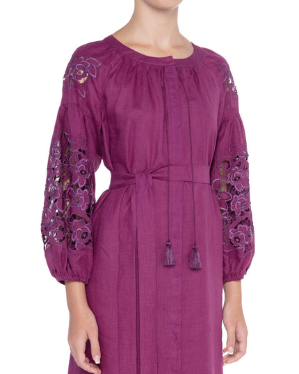 Plum Purple Embroidered Linen Maxi Dress – Balloon Sleeves
