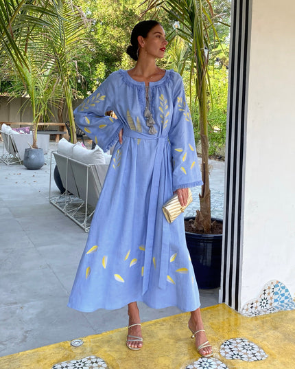Dark Powder Blue Embroidered Linen Maxi Dress | ZALXNDRA