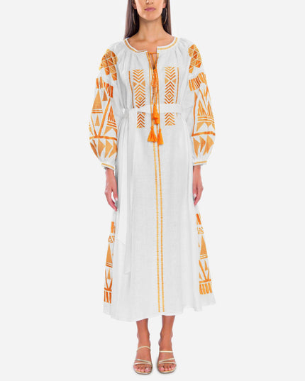 White Embroidered Linen Maxi Dress – Balloon Sleeves | ZALXNDRA