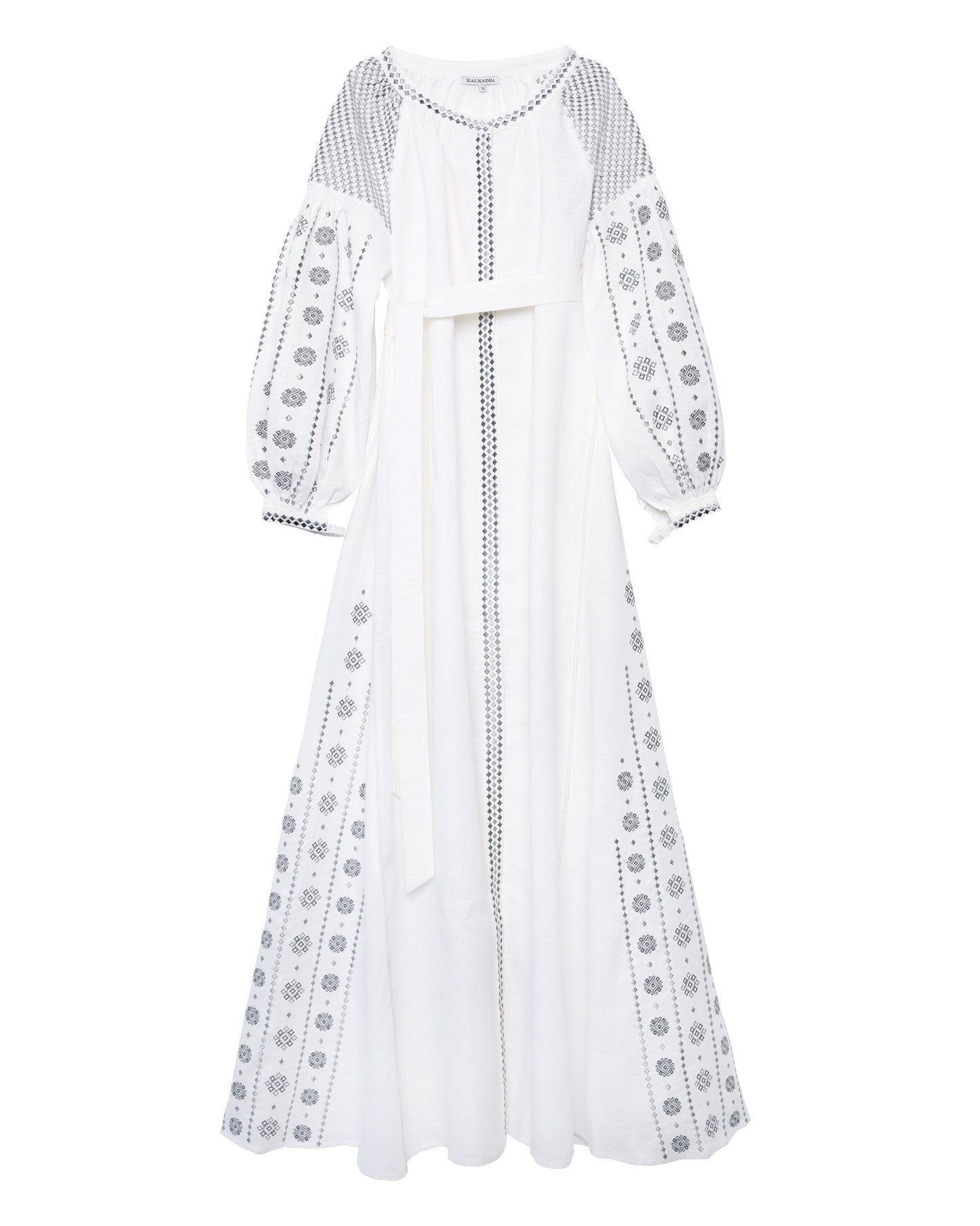 White Embroidered Linen Long Dress – Balloon Sleeves | ZALXNDRA