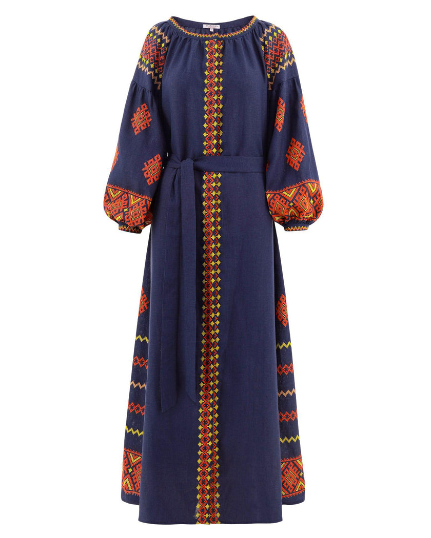 Navy Blue Orange Hand-Embroidered Cross-Stitch Linen Kaftan Maxi Dress