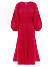 Scarlet Red Embroidered Linen Maxi Dress – Balloon Sleeves