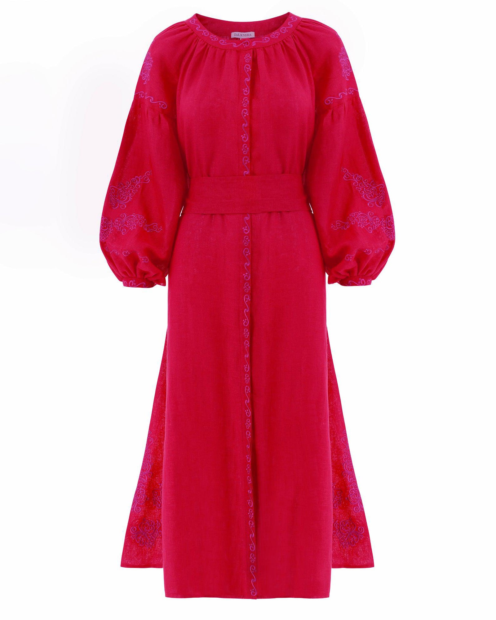 Scarlet Red Embroidered Linen Maxi Dress – Balloon Sleeves