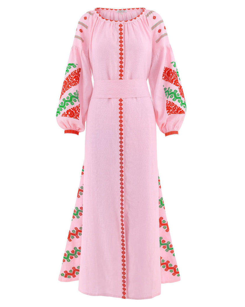 Light Pink Red Green Hand-Embroidered Cross-Stitch Linen Kaftan Maxi Dress