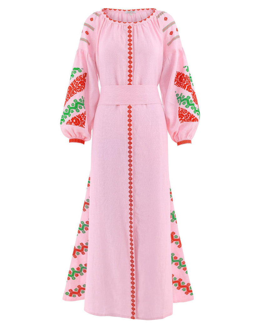 Light Pink Embroidered Linen Maxi Dress – Balloon Sleeves