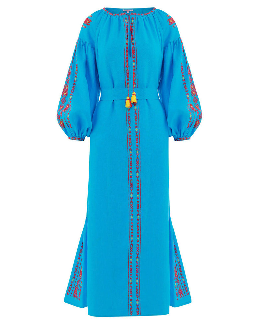 Turquoise Red Hand-Embroidered Cross-Stitch Linen Kaftan Maxi Dress