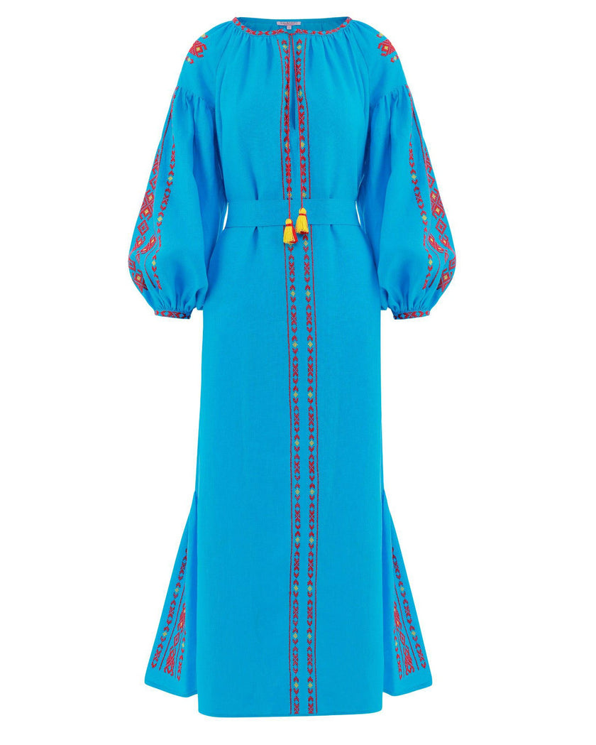 Turquoise Embroidered Linen Maxi Dress – Balloon Sleeves