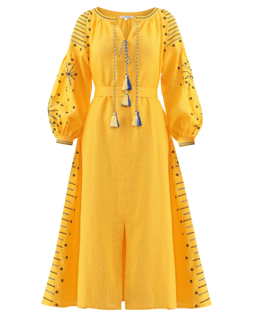 Saffron Yellow Embroidered Linen Maxi Dress | ZALXNDRA