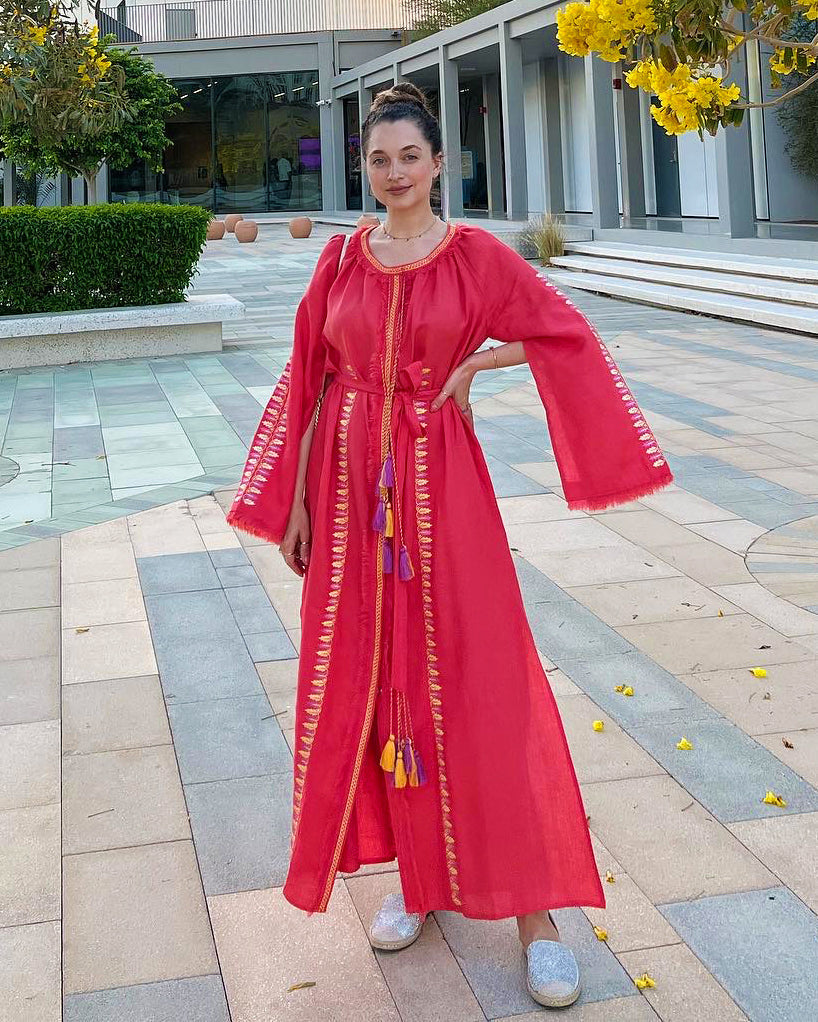 Coral Embroidered Linen Maxi Dress | ZALXNDRA