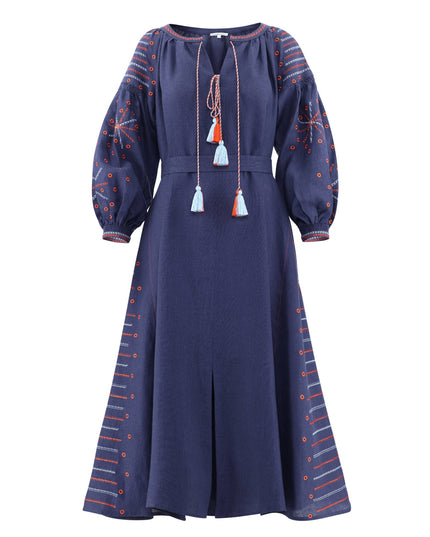 Rhapsody Blue Embroidered Linen Maxi Dress – Balloon Sleeves