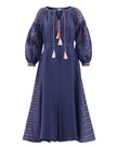 Rhapsody Blue Embroidered Linen Maxi Dress – Balloon Sleeves