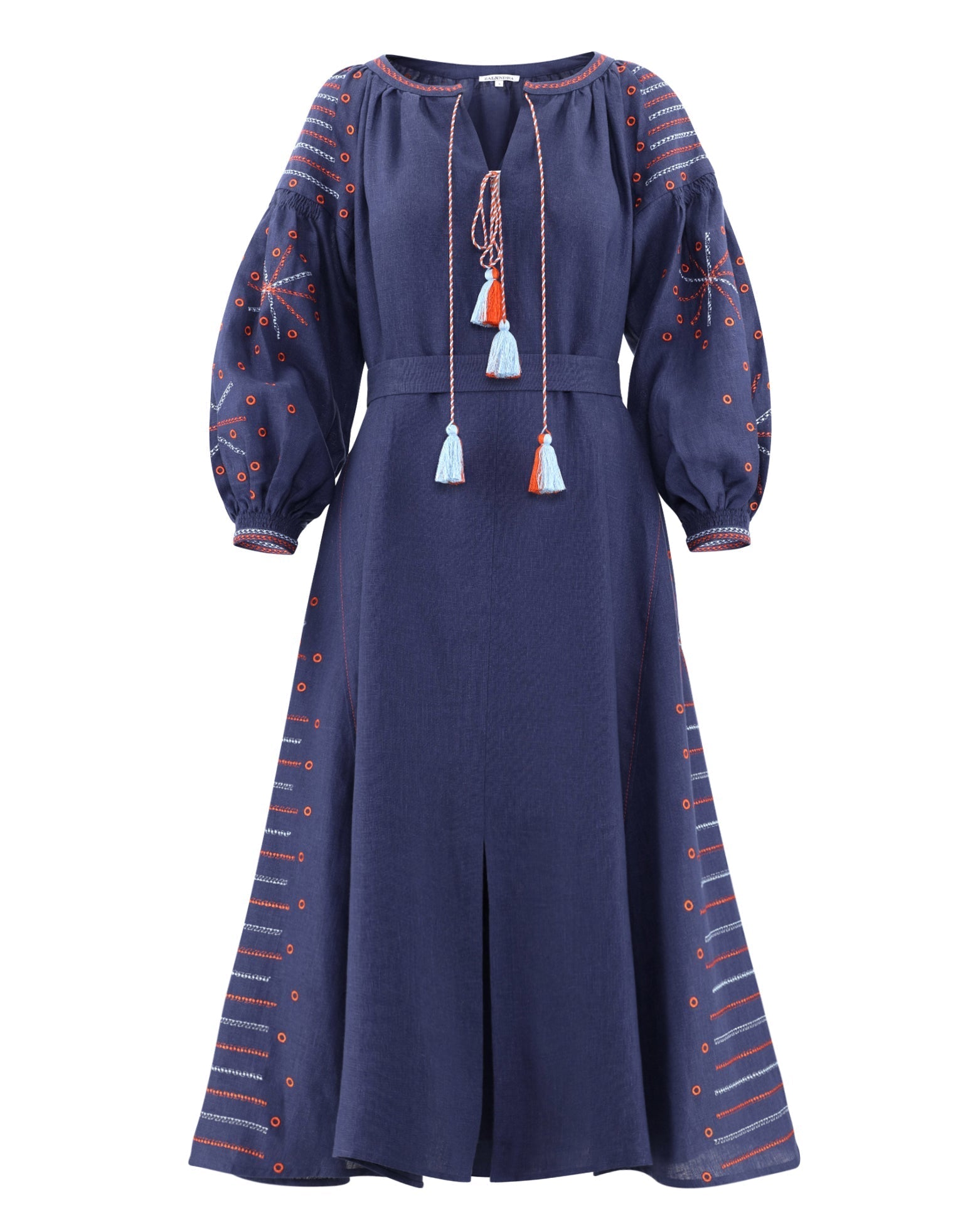 Rhapsody Blue Embroidered Linen Maxi Dress – Balloon Sleeves