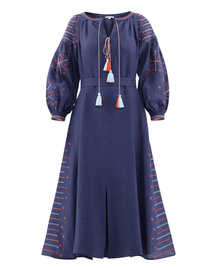 Rhapsody Blue Embroidered Linen Maxi Dress – Balloon Sleeves