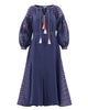 Rhapsody Blue Embroidered Linen Maxi Dress – Balloon Sleeves
