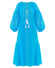 Turquoise Embroidered Linen Maxi Dress – Balloon Sleeves