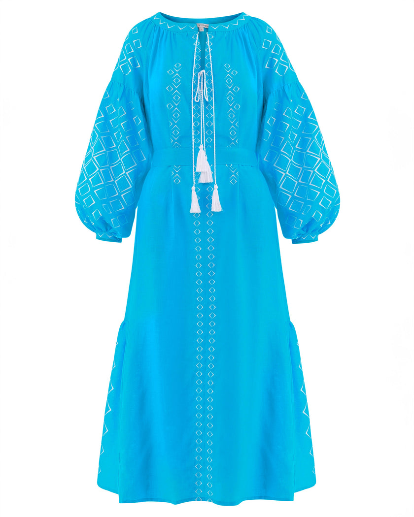 Turquoise White Geometric Embroidered Linen Kaftan Maxi Dress