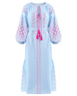Powder Blue Embroidered Linen Maxi Dress – Balloon Sleeves
