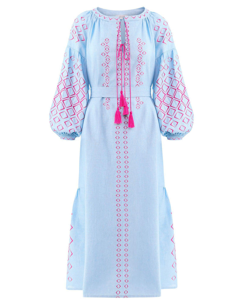Powder Blue Embroidered Linen Maxi Dress – Balloon Sleeves