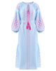 Powder Blue Embroidered Linen Maxi Dress – Balloon Sleeves