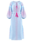Powder Blue Embroidered Linen Maxi Dress – Balloon Sleeves