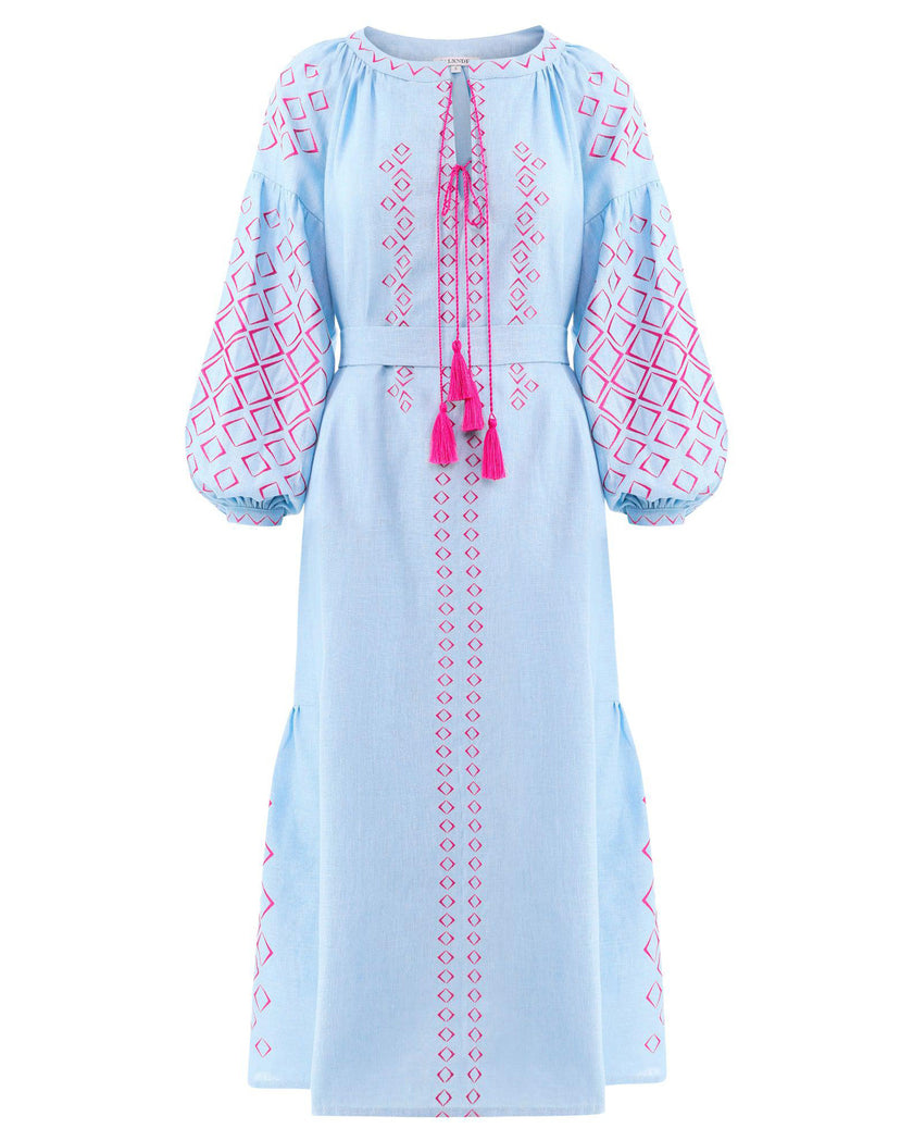 Powder Blue Pink Geometric Embroidered Linen Kaftan Maxi Dress