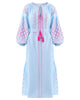 Powder Blue Embroidered Linen Maxi Dress – Balloon Sleeves