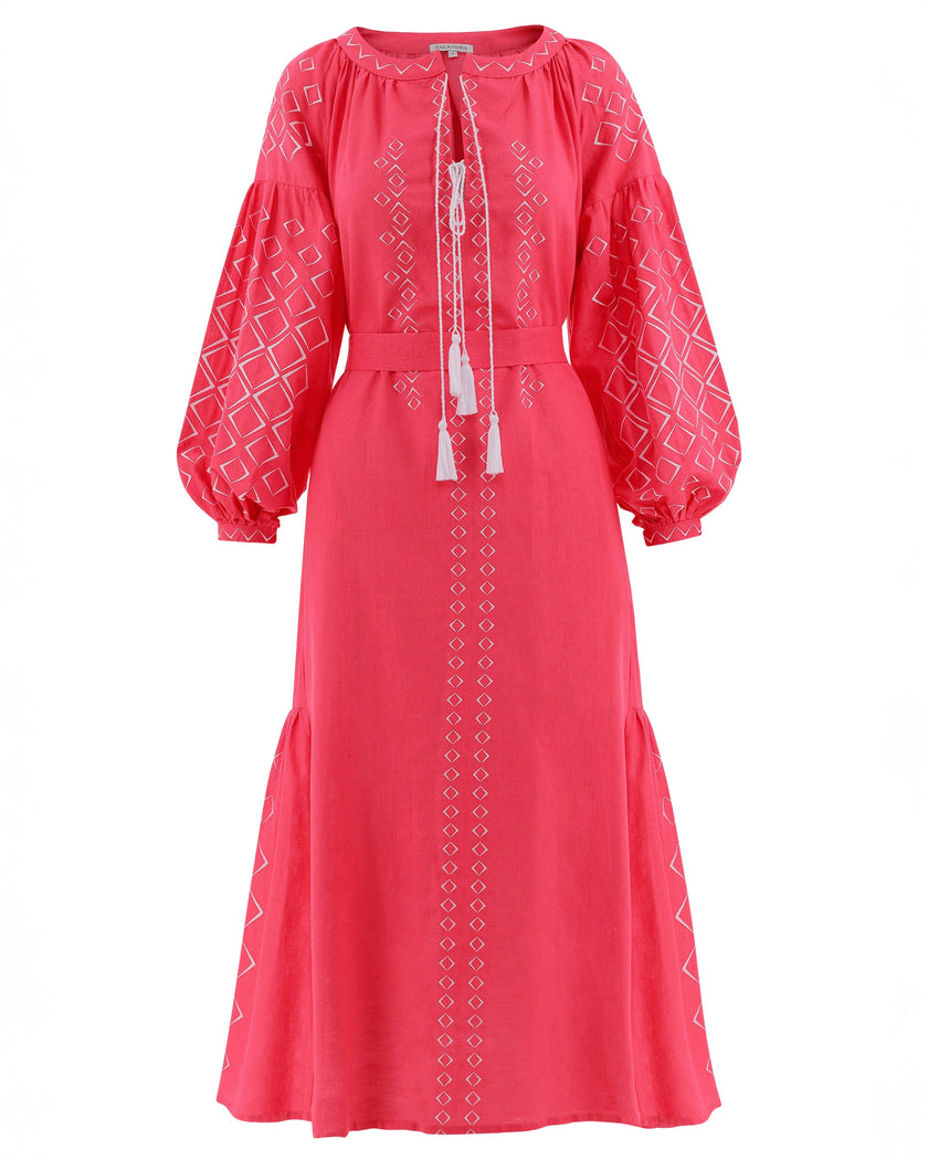 Coral White Geometric Embroidered Linen Kaftan Maxi Dress