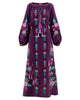 Plum Purple Embroidered Linen Maxi Dress – Balloon Sleeves