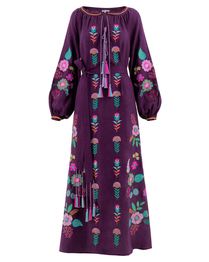 Plum Purple Multi-Color Floral Embroidered Linen Kaftan Maxi Dress