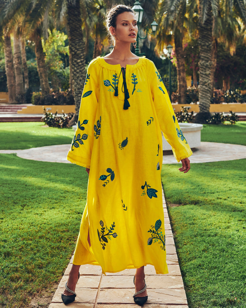 Lemon Yellow Teal Floral Embroidered Linen Kaftan Maxi Dress