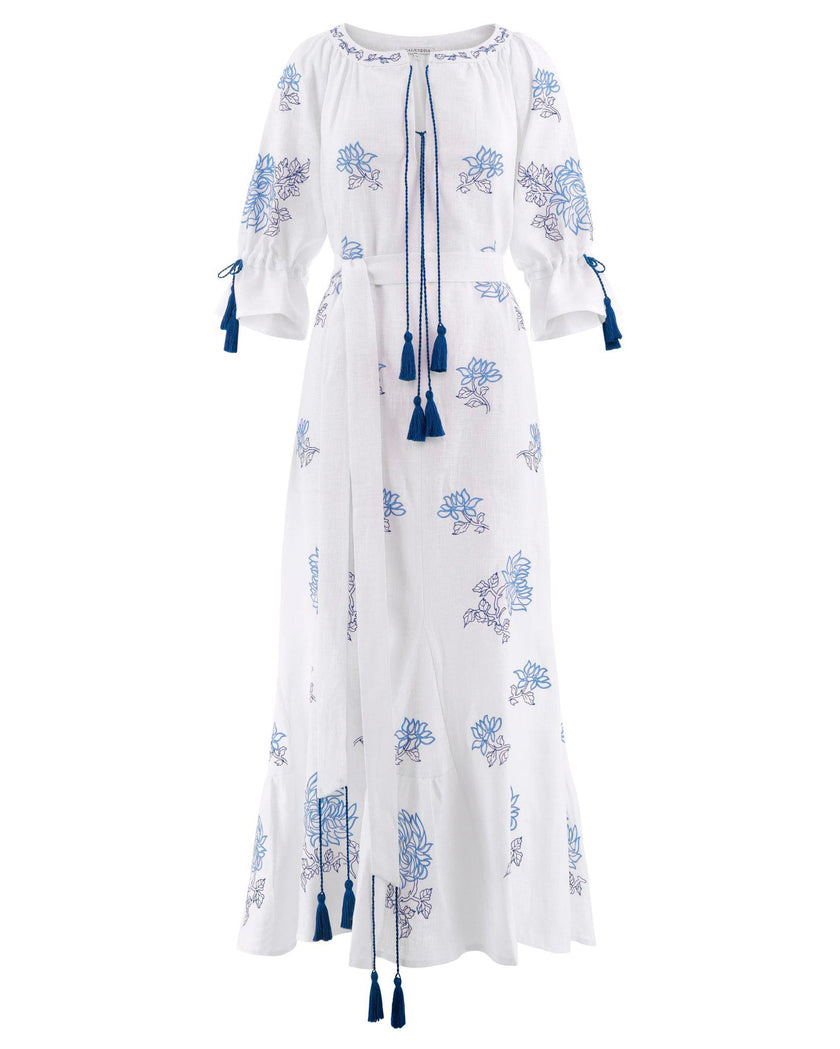 White Blue Floral Embroidered Linen Kaftan Maxi Dress