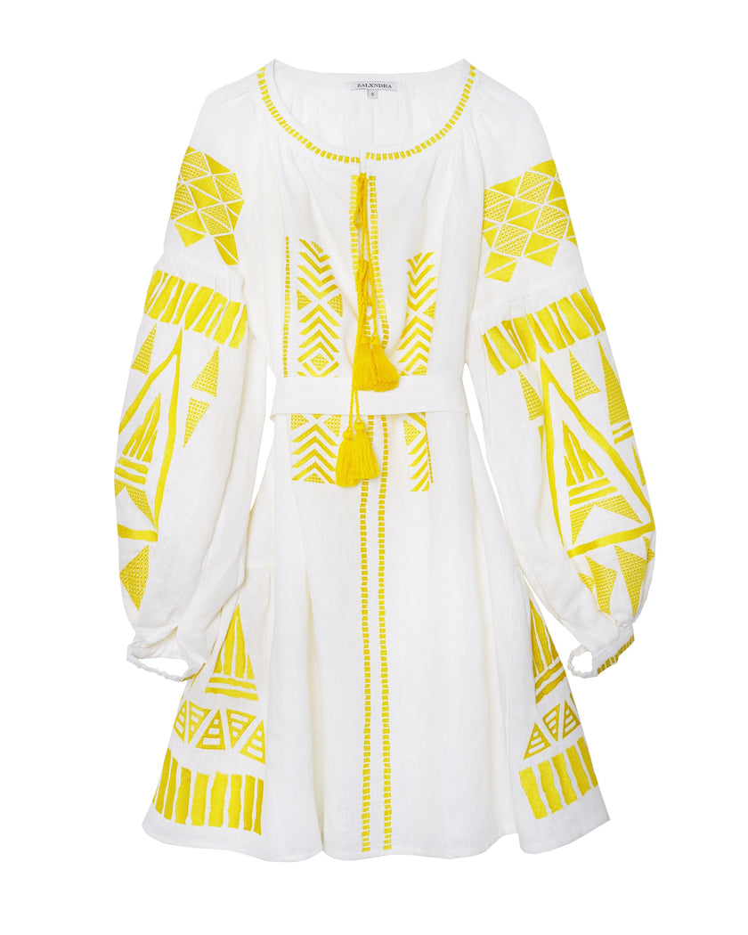 White Embroidered Linen Mini Dress – Balloon Sleeves | ZALXNDRA