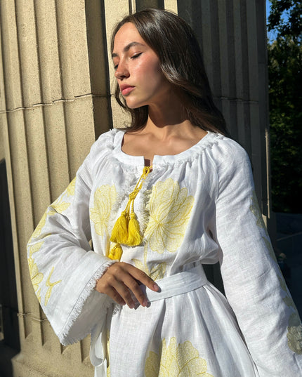 White Embroidered Linen Maxi Dress || ZALXNDRA
