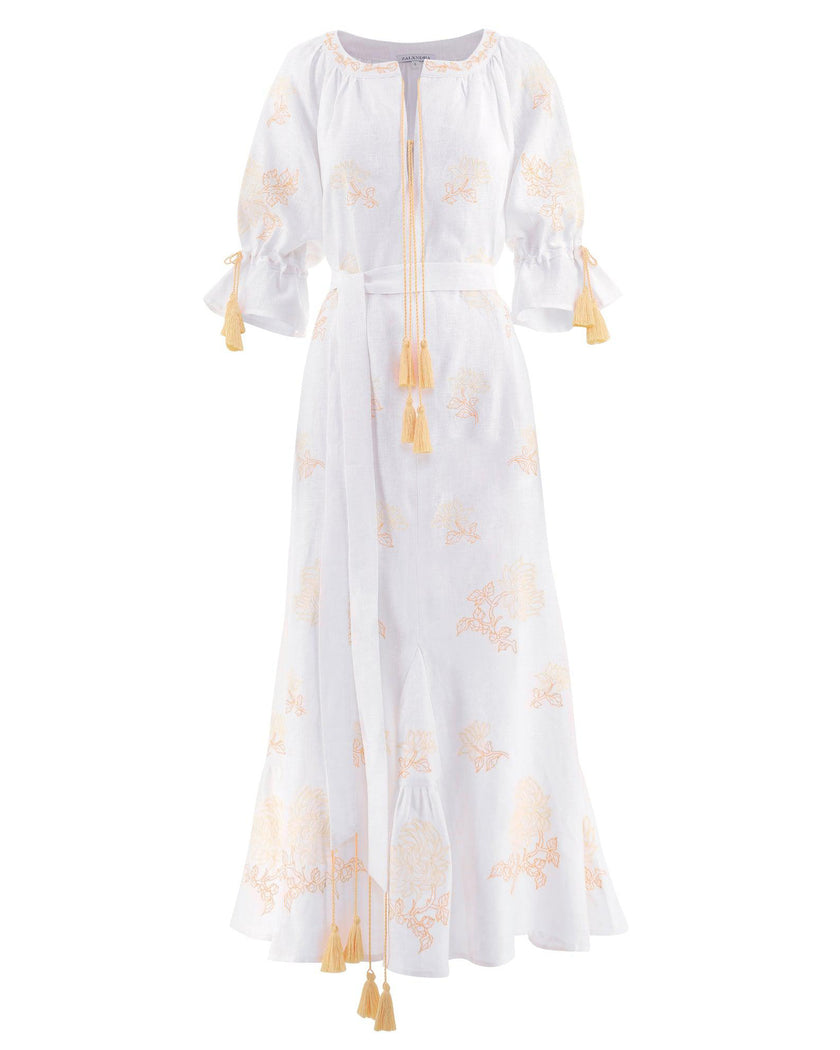 White Gold Floral Embroidered Linen Kaftan Maxi Dress