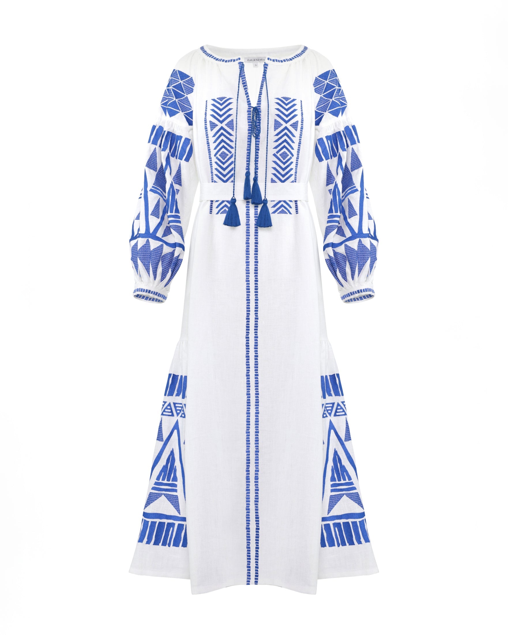 White Embroidered Linen Maxi Dress – Balloon Sleeves || ZALXNDRA