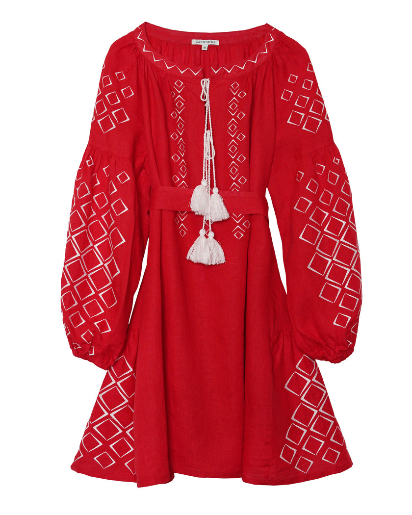 Red White Geometric Embroidered Linen Kaftan Mini Dress