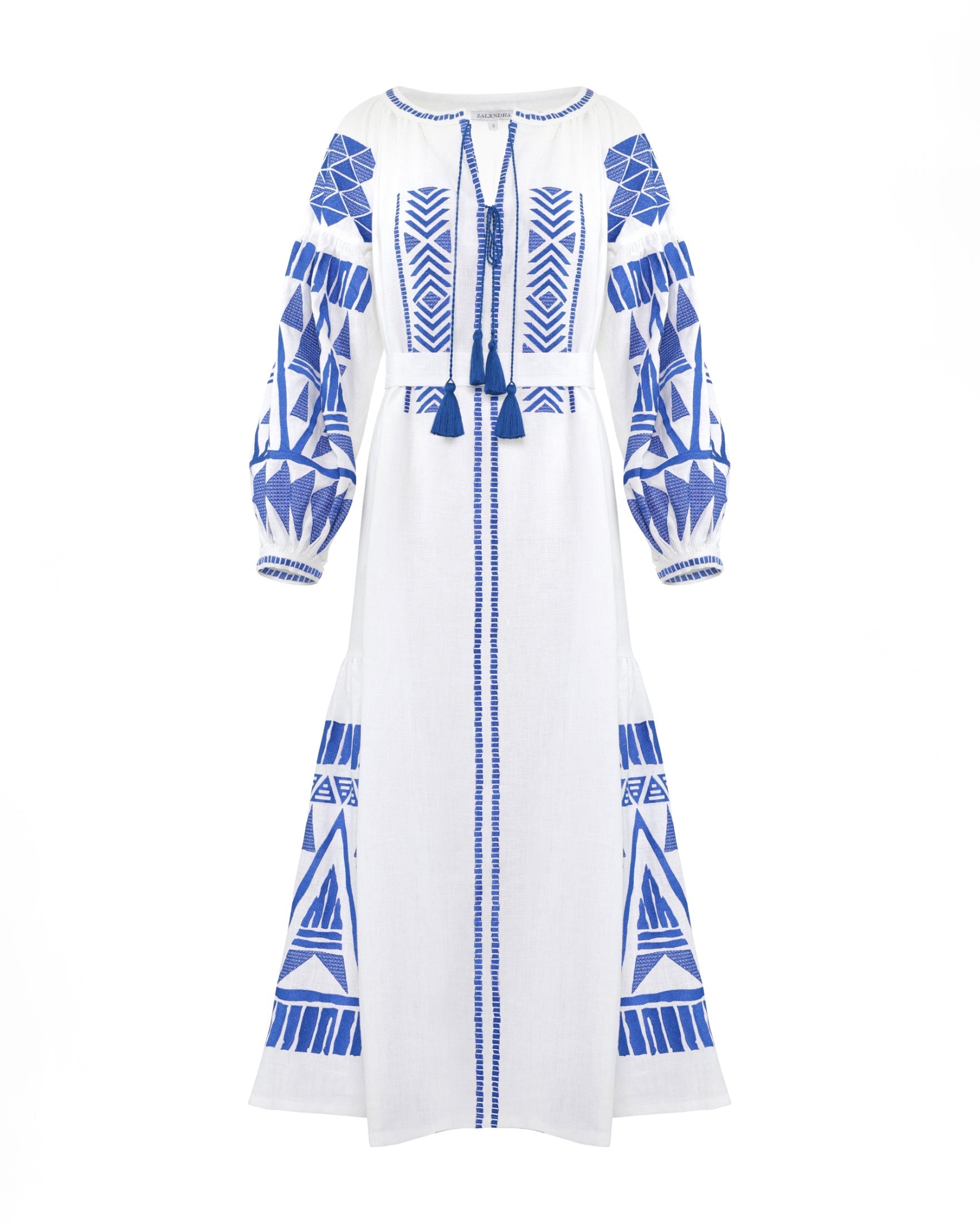 Robe longue blanche en lin brodé – Manches ballon | ZALXNDRA