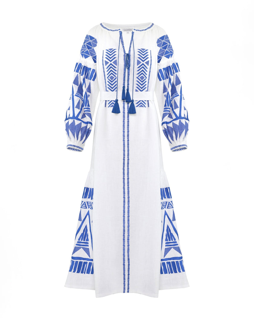 White Embroidered Linen Maxi Dress – Balloon Sleeves | ZALXNDRA