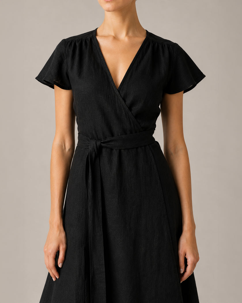 Black Linen Belted V-Neck Maxi Dress