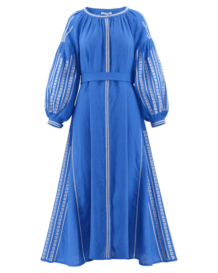 Royal Blue Embroidered Linen Maxi Dress – Balloon Sleeves