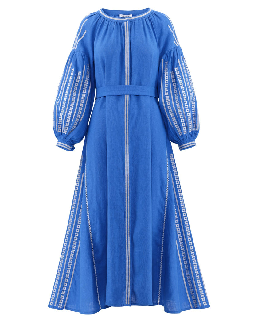 Royal Blue Embroidered Linen Maxi Dress – Balloon Sleeves